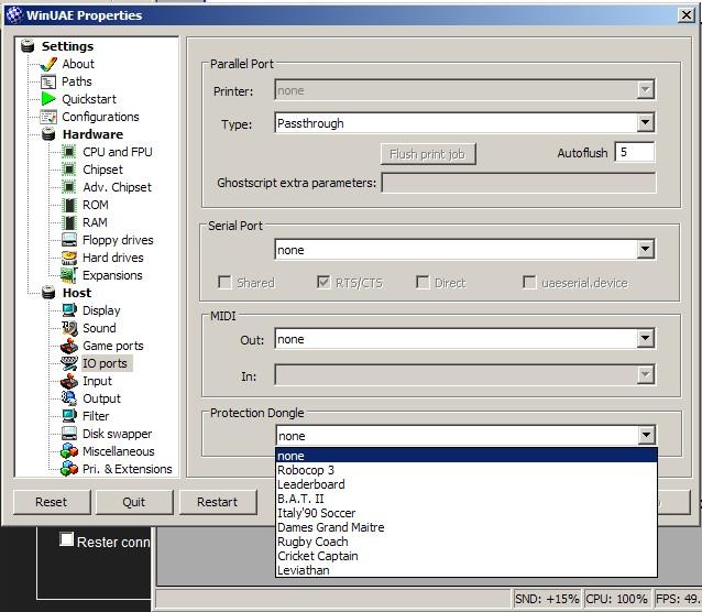 WinUAE 2.0.0, liste "Dongles" (Kimy)